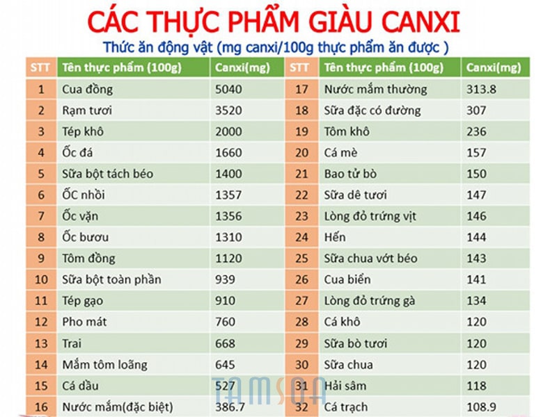ham luong canxi co trong thuc pham hang ngay Hàm lượng canxi có trong các thực phẩm hàng ngày