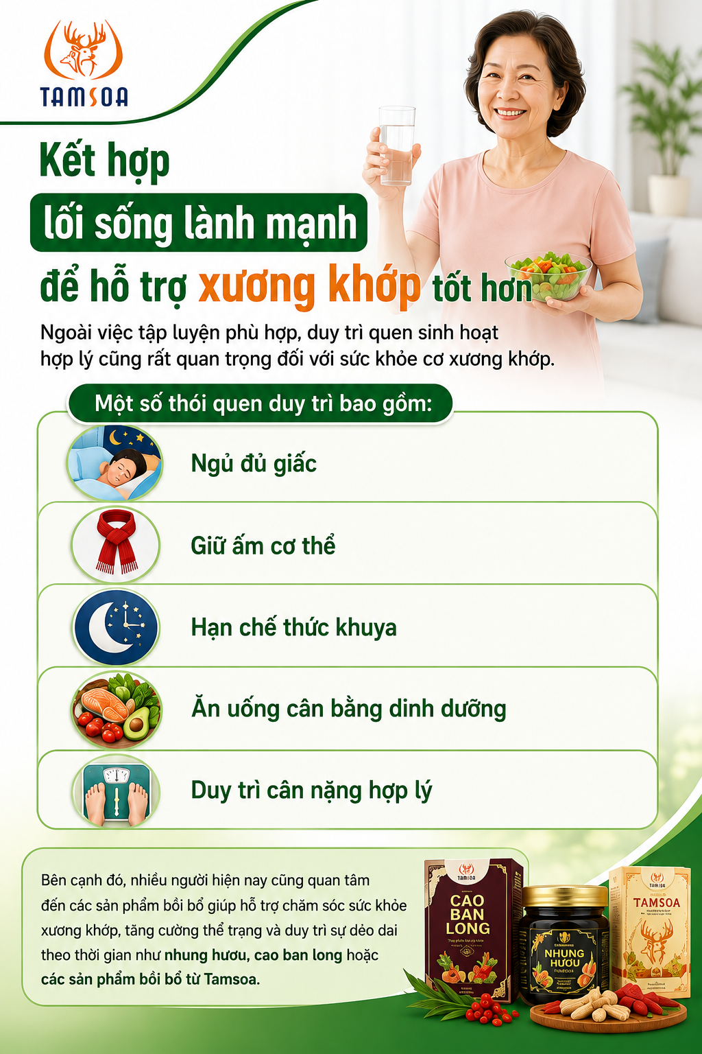 Kết hợp lối sống lành mạnh để hỗ trợ xương khớp Kết hợp lối sống lành mạnh để hỗ trợ xương khớp
